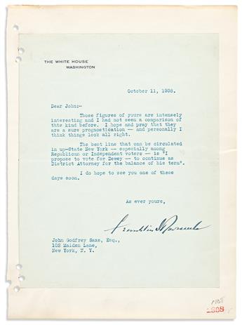 ROOSEVELT, FRANKLIN D. Archive of 19 Typed Letters Signed, 11 as President, to attorney and senator John Godfrey Saxe II,